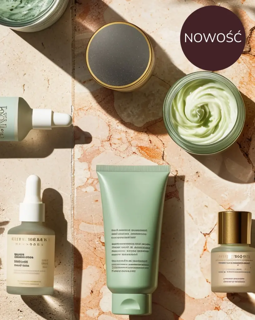 Produkty do pielęgnacji skóry artystycznie ułożone na marmurowej powierzchni. Zawiera kremy, serum i olejki w zielono-złotych opakowaniach. Świeże zioła dodają naturalnego, kojącego akcentu. Cienie rzucają uspokajającą atmosferę.