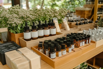 Na drewnianych półkach stoją różne bursztynowe butelki z zakraplaczem, otoczone zielonymi roślinami i opakowanymi produktami, tworząc spokojną, naturalną atmosferę.